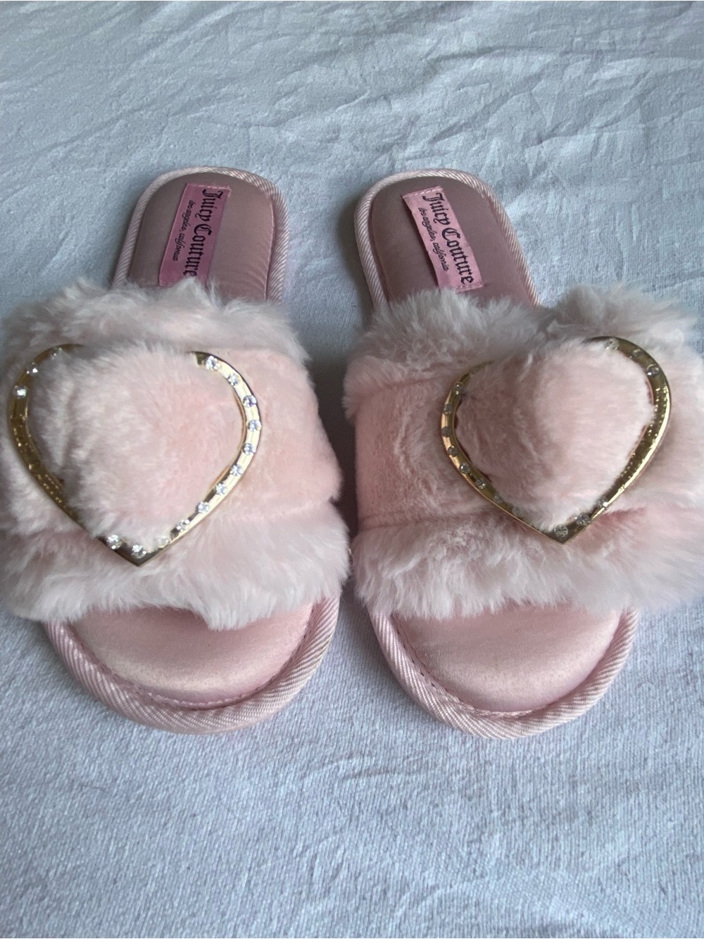 Juicy Couture Blush Pink Faux-Fur Heart Slide Slippers with Gold Accent